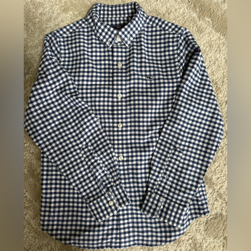 Boys Vineyard Vines Whale Shirt blue and White Plaid Button-Down Shirt